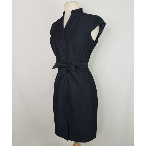 Calvin Klein Cap Sleeve Button Front Belted Dark Wash Denim Dress 10 Petite - Picture 3 of 12